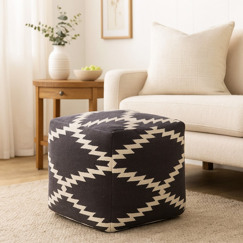 Poby Accent Pouf, 19 Inch Square Body, White and Gray Zig Zag Pattern - BM338687