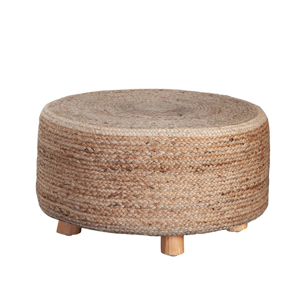 Accent Stool, 25 Inch, Round Natural Brown Jute Seat, Wood Legs -BM338690