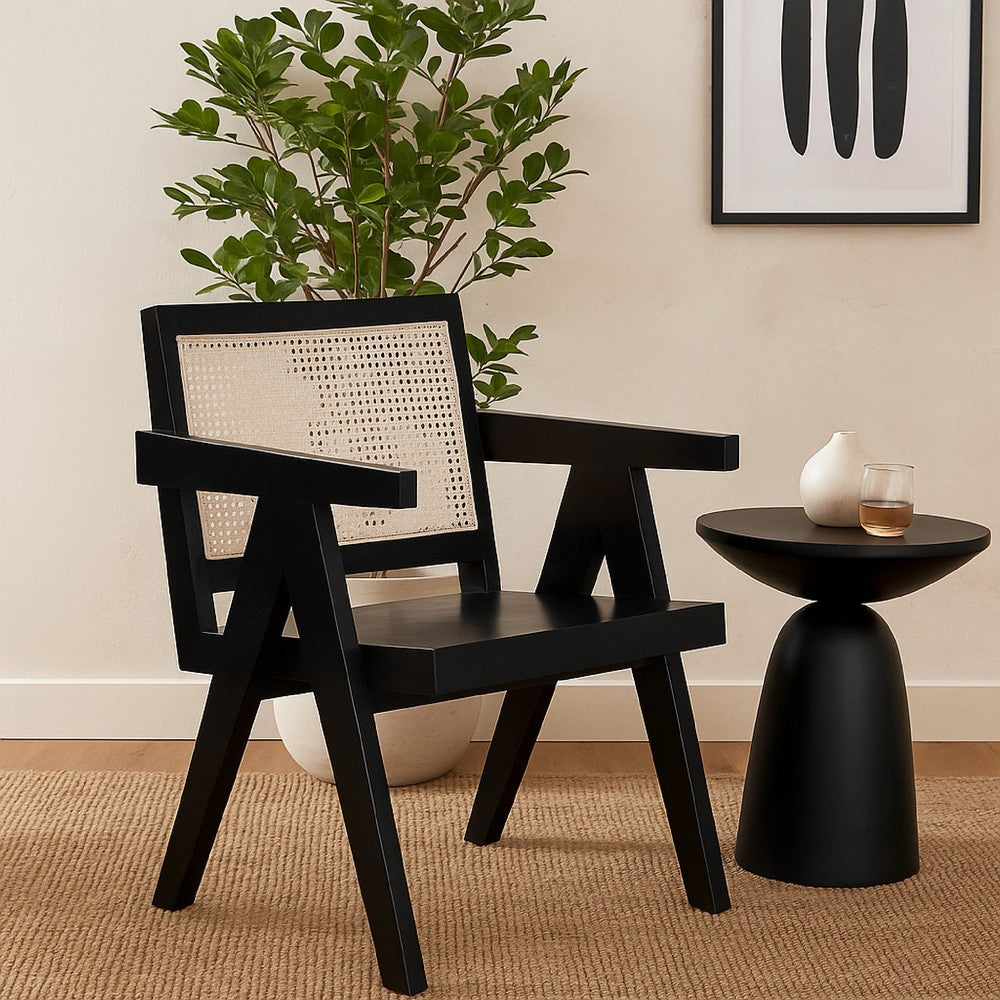 Kato Dining Armchair, Cane Backrest, 24 Inch, Black Solid Mango Wood - BM338691