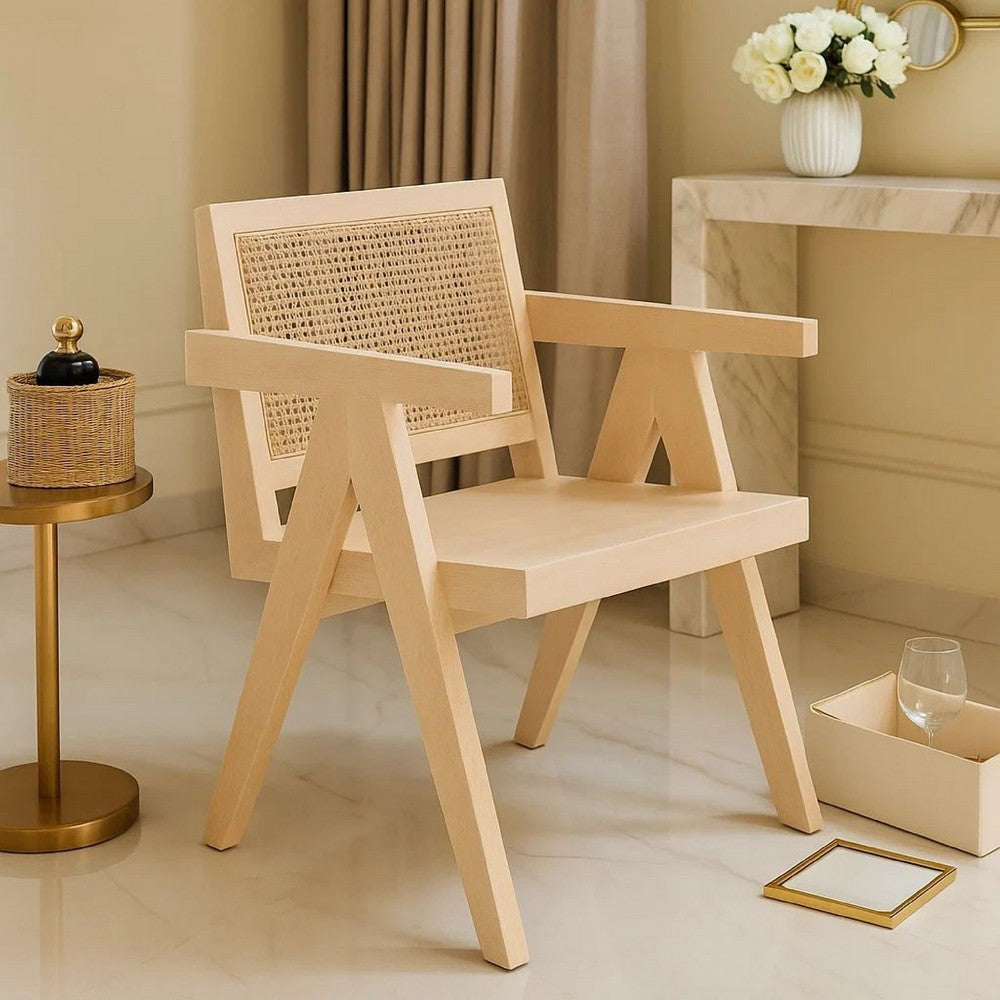 Kato Dining Armchair, Cane Backrest, 24 Inch, Natural Brown Solid Mango Wood - BM338692