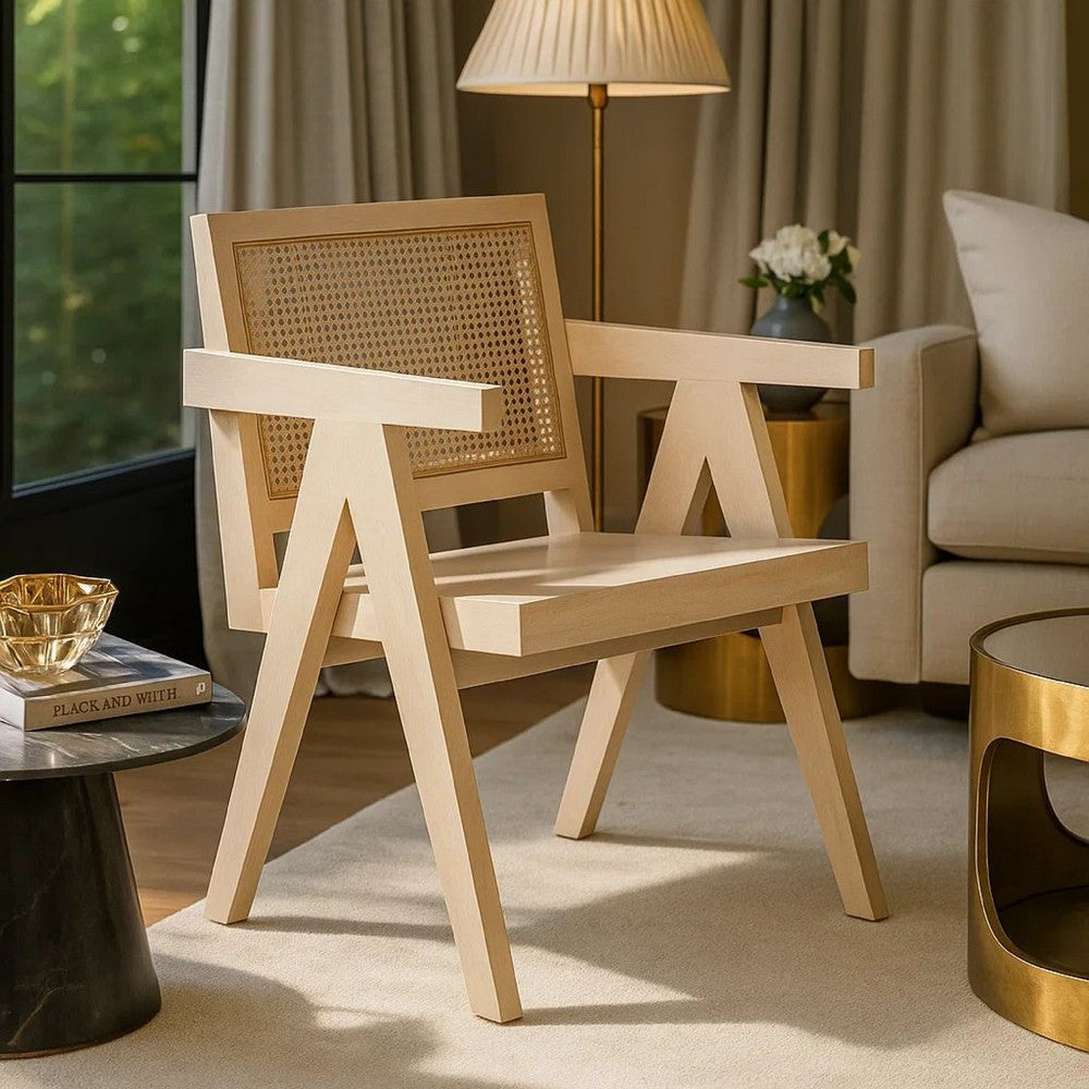 Kato Dining Armchair, Cane Backrest, 24 Inch, Natural Brown Solid Mango Wood - BM338692