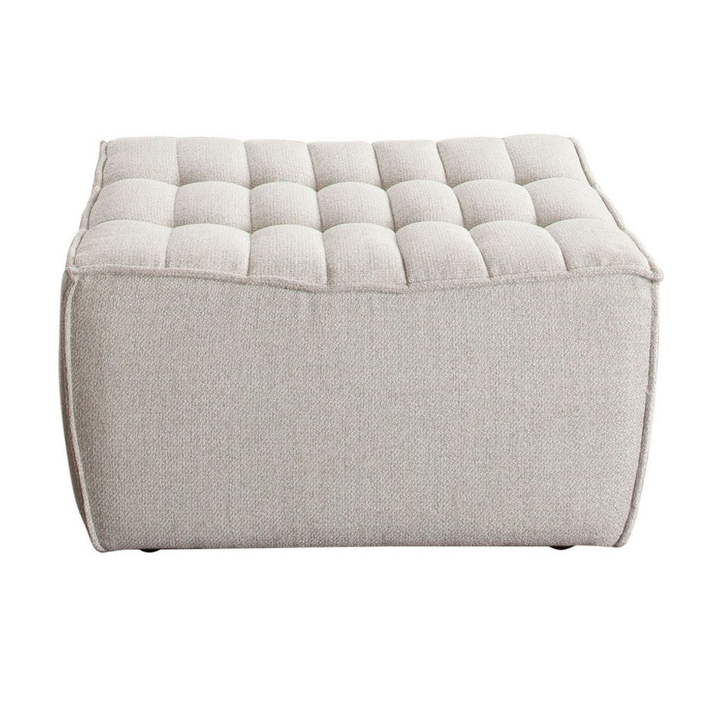 Ema Ottoman, Sand Beige Fabric, 31 Inch, Scooped Seat w Grid Tufting - BM338695