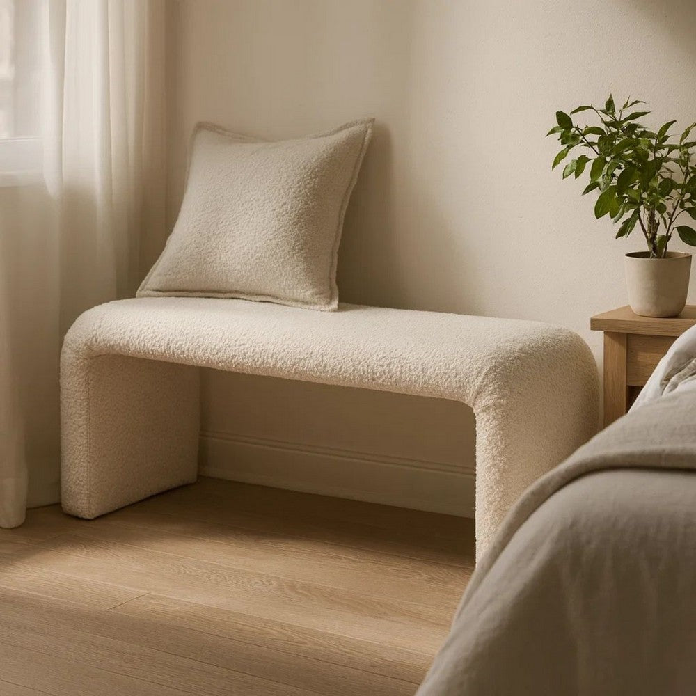 Accent Bench, C Shaped Design Ivory Boucle Upholstery, 44 Inch -BM338735
