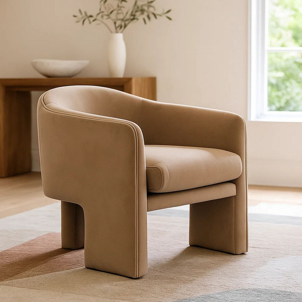 Lery Accent Chair, Curved Back Tripod Base, Camel Brown Velvet, 29 Inch - BM338742