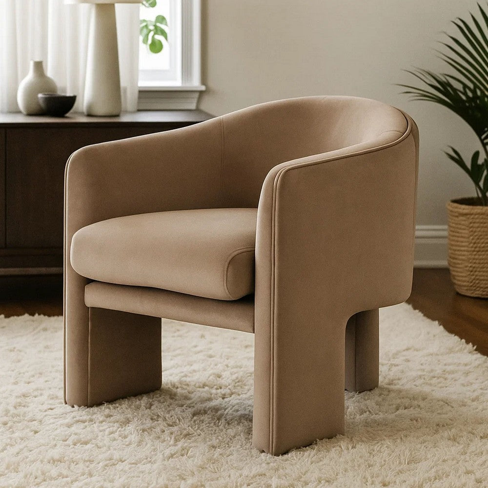 Lery Accent Chair, Curved Back Tripod Base, Camel Brown Velvet, 29 Inch - BM338742