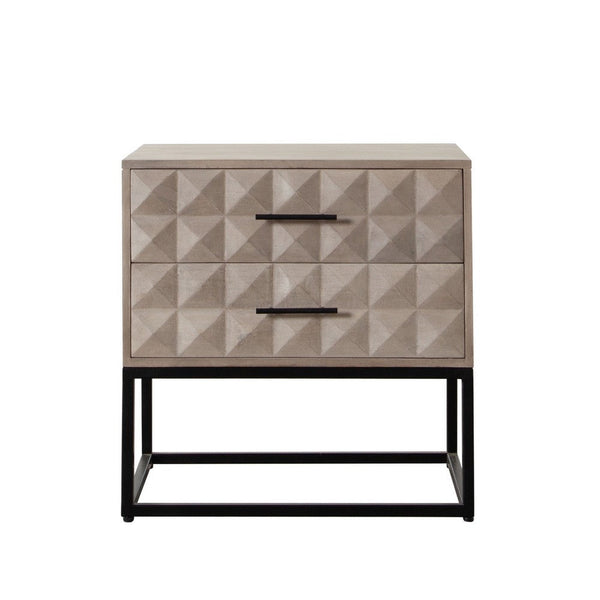 Zoe End Table Nightstand, Ash Gray Carved Fronts, Black Metal Base - BM338755