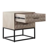 Zoe End Table Nightstand, Ash Gray Carved Fronts, Black Metal Base - BM338755