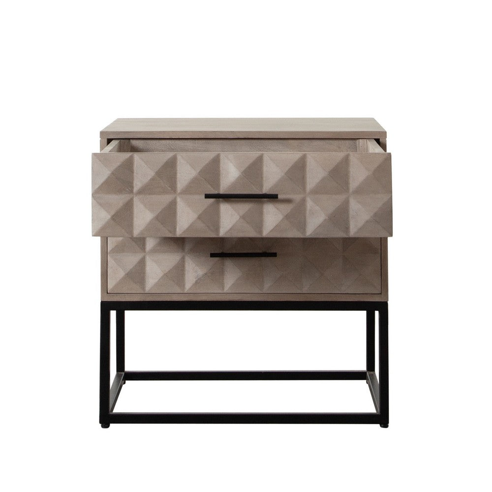 Zoe End Table Nightstand, Ash Gray Carved Fronts, Black Metal Base - BM338755