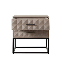 Zoe End Table Nightstand, Ash Gray Carved Fronts, Black Metal Base - BM338755