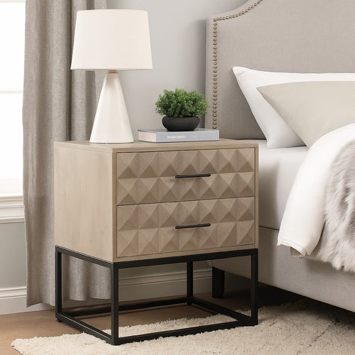 Zoe End Table Nightstand, Ash Gray Carved Fronts, Black Metal Base - BM338755