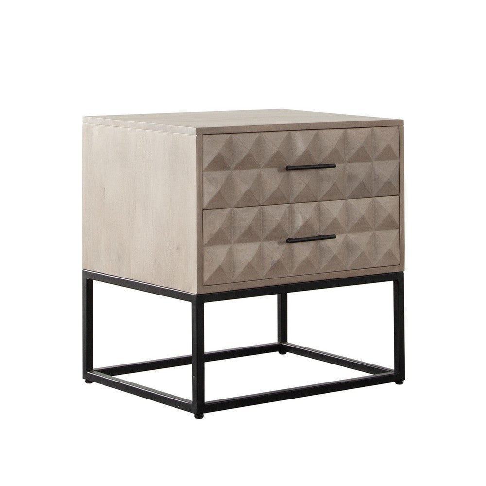 Zoe End Table Nightstand, Ash Gray Carved Fronts, Black Metal Base - BM338755