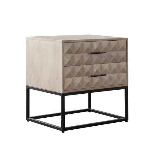 Zoe End Table Nightstand, Ash Gray Carved Fronts, Black Metal Base - BM338755
