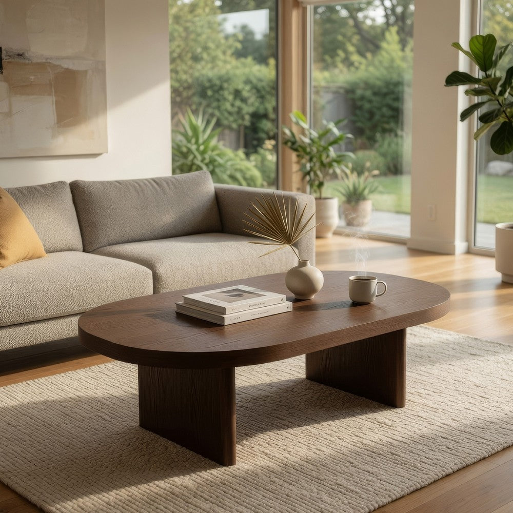 Peny Coffee Table, 47 Inch Oval Top with / Panel Legs in Dark Oak Brown -BM338762