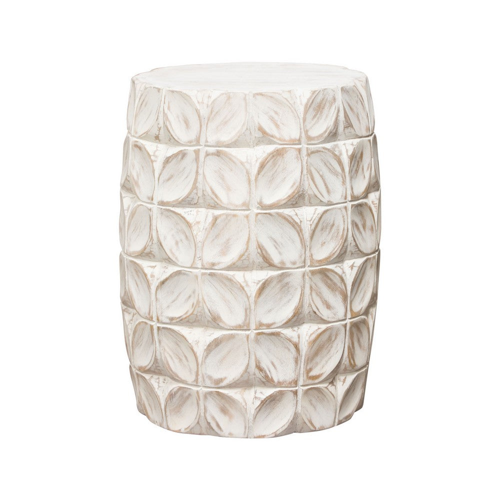 Fery Side End Table, 14 Inch, Distressed White Mango Wood w Leaf Motifs -BM338783