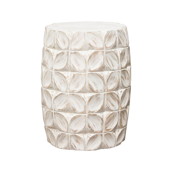 Fery Side End Table, 14 Inch, Distressed White Mango Wood w Leaf Motifs -BM338783