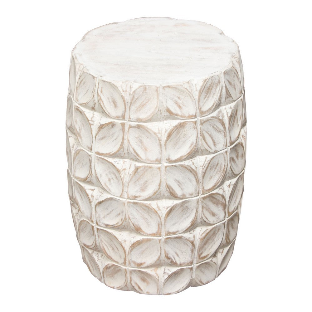 Fery Side End Table, 14 Inch, Distressed White Mango Wood w Leaf Motifs -BM338783
