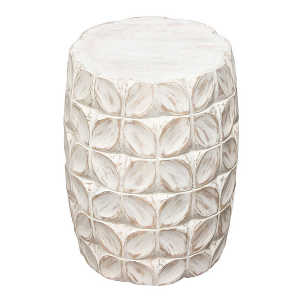 Fery Side End Table, 14 Inch, Distressed White Mango Wood w Leaf Motifs -BM338783