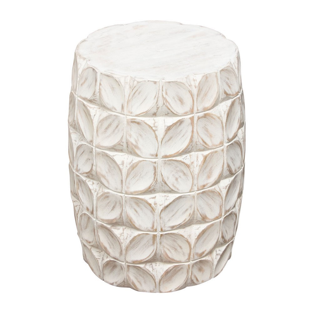 Fery Side End Table, 14 Inch, Distressed White Mango Wood w Leaf Motifs -BM338783