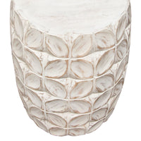 Fery Side End Table, 14 Inch, Distressed White Mango Wood w Leaf Motifs -BM338783