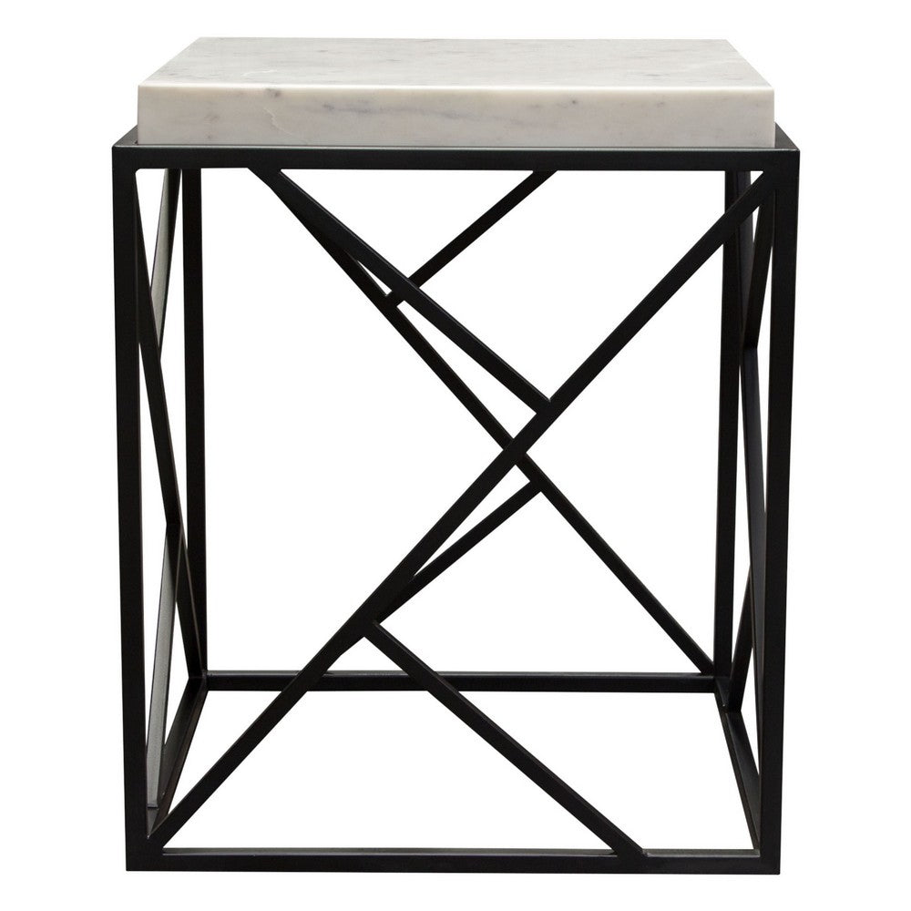 Mez Accent Side End Table, 18 Inch Square Gray Marble Top, Black Iron -BM338785