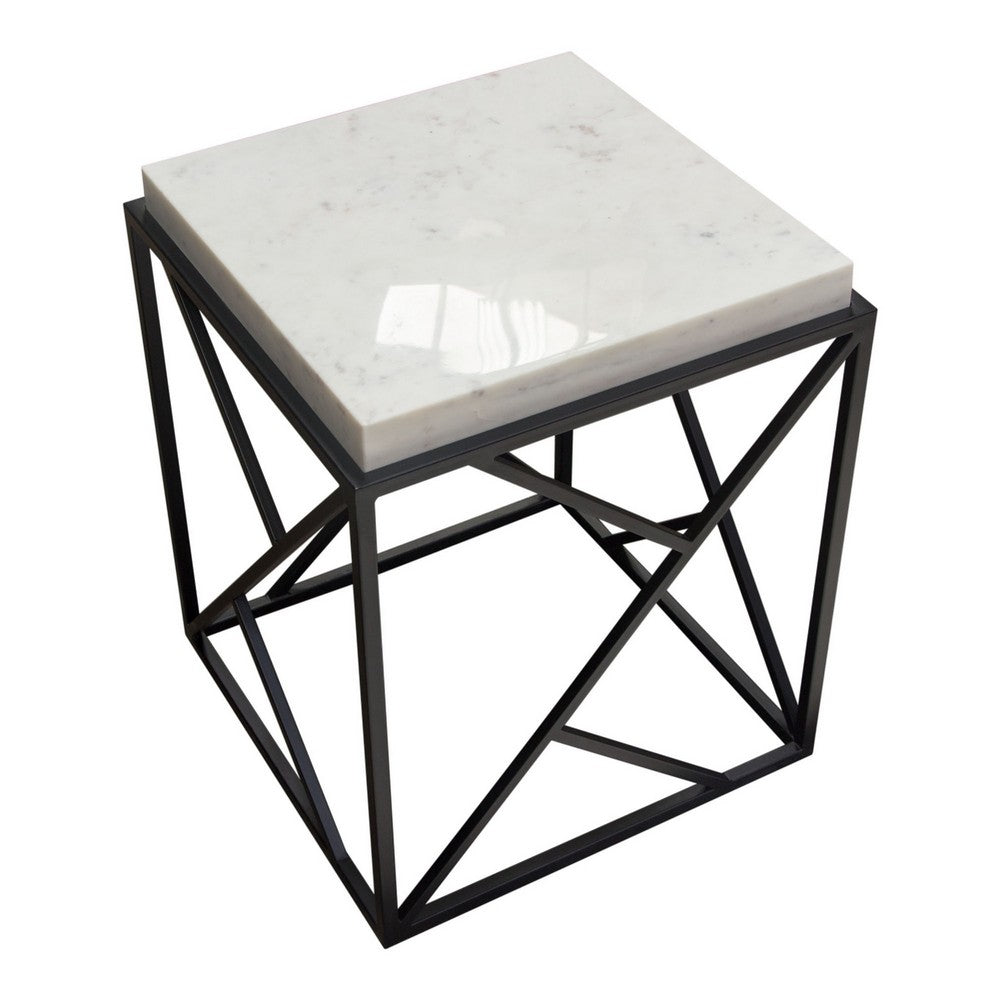 Mez Accent Side End Table, 18 Inch Square Gray Marble Top, Black Iron -BM338785