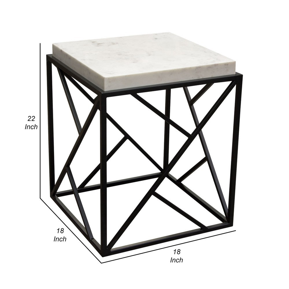Mez Accent Side End Table, 18 Inch Square Gray Marble Top, Black Iron -BM338785