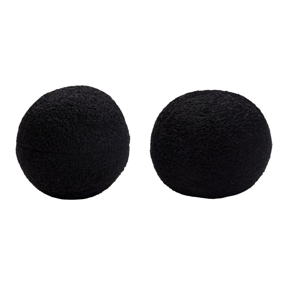 Wily Accent Pillow Set of 2, 10 Inch Round Ball, Black Faux Sheepskin - BM338796