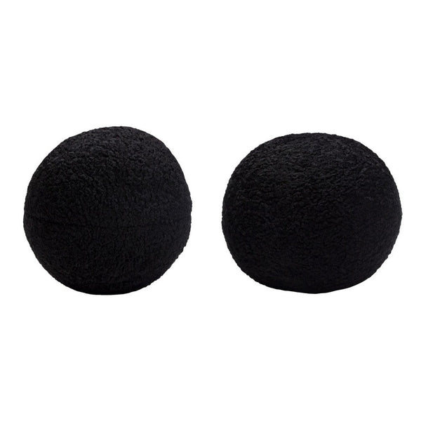 Wily Accent Pillow Set of 2, 10 Inch Round Ball, Black Faux Sheepskin - BM338796