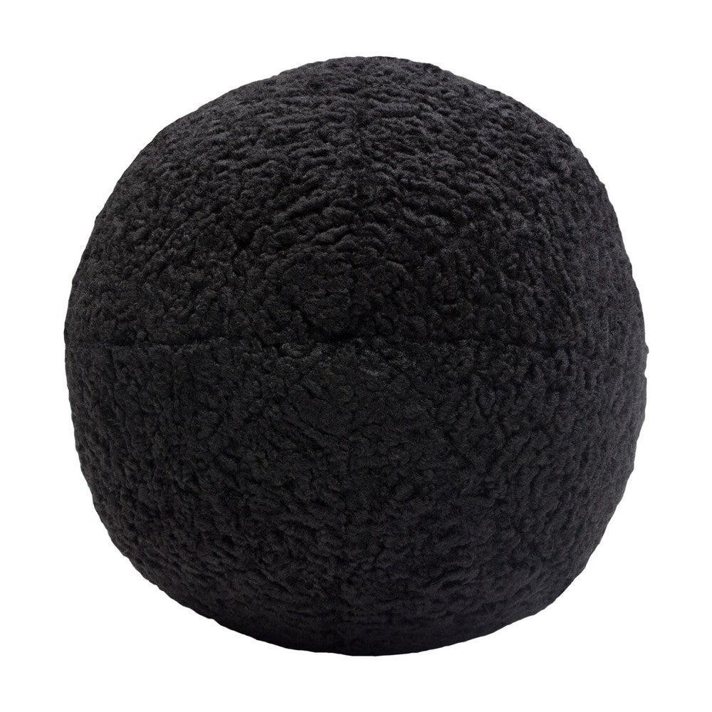 Wily Accent Pillow Set of 2, 10 Inch Round Ball, Black Faux Sheepskin - BM338796