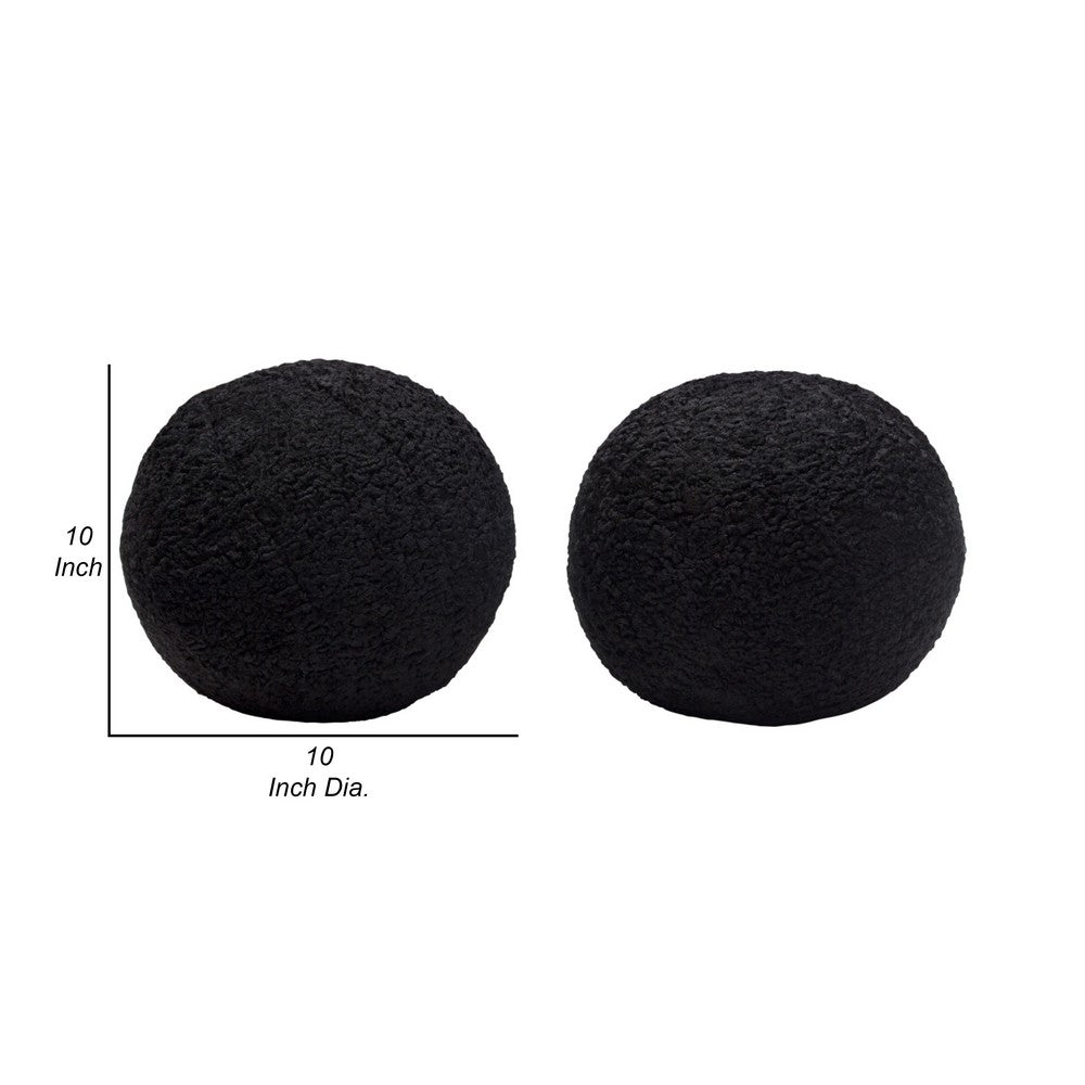 Wily Accent Pillow Set of 2, 10 Inch Round Ball, Black Faux Sheepskin - BM338796