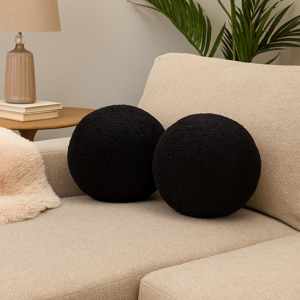 Wily Accent Pillow Set of 2, 10 Inch Round Ball, Black Faux Sheepskin - BM338796