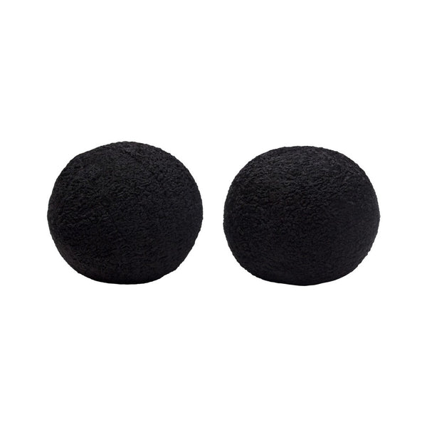 Wily Accent Pillow Set of 2, 10 Inch Round Ball, Black Faux Sheepskin - BM338796