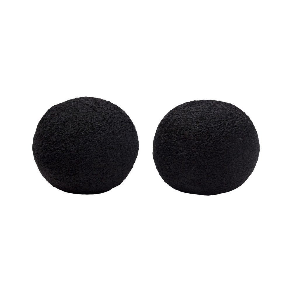 Wily Accent Pillow Set of 2, 10 Inch Round Ball, Black Faux Sheepskin - BM338796