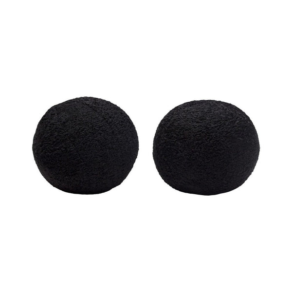 Wily Accent Pillow Set of 2, 10 Inch Round Ball, Black Faux Sheepskin - BM338796