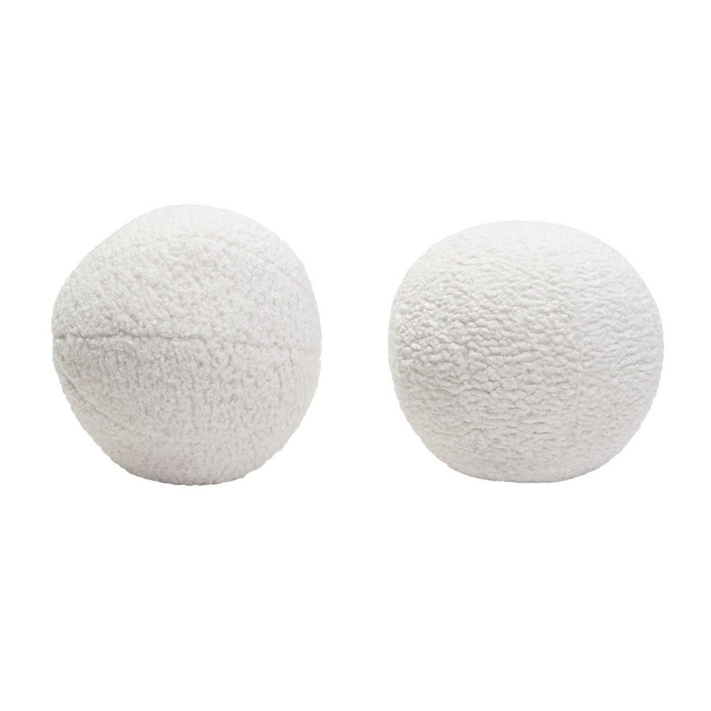 Wily Accent Pillow Set of 2, 10 Inch Round Ball, White Faux Sheepskin - BM338797