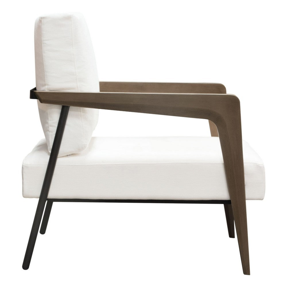 Deni Accent Armchair, White Polyester Linen Seat, Curved Wood Legs - BM338814