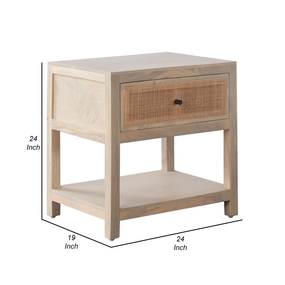 Sley Side End Table, Rattan Woven, Natural Brown Mango Wood 24 Inch -BM338825
