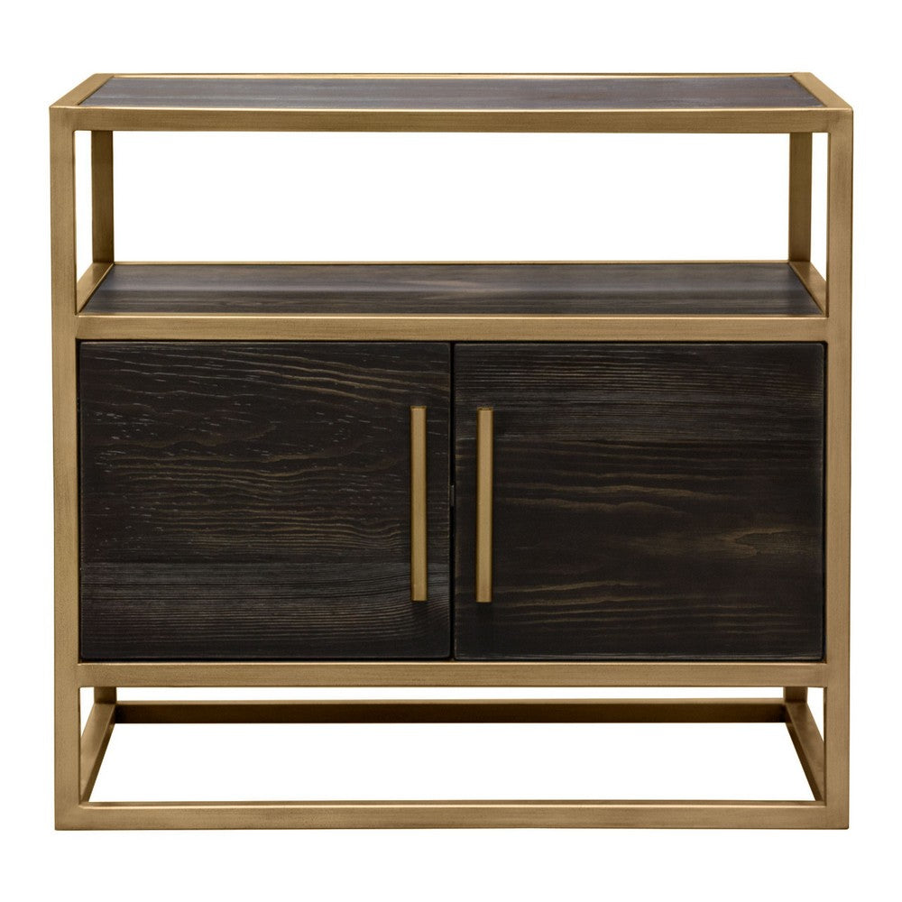 Chek 26 Inch Side Table Nightstand, 2 Doors, 1 Shelf,  Dark Brown, Gold Steel - BM338863