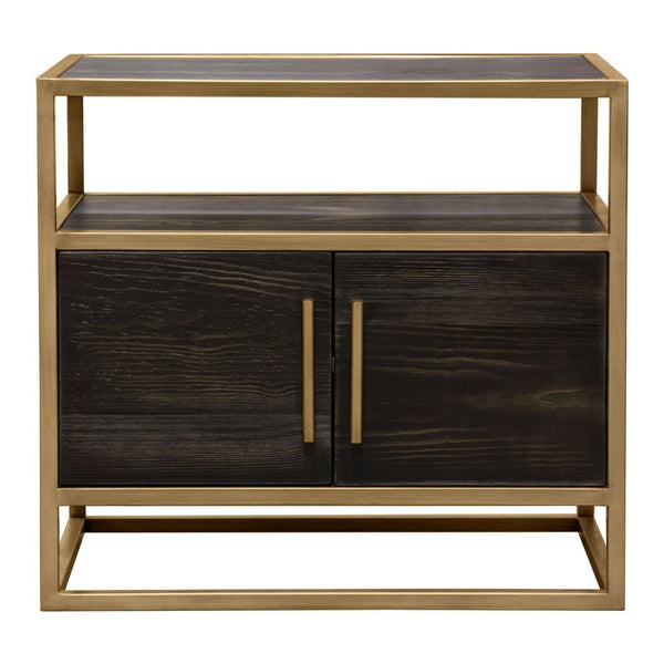 Chek 26 Inch Side Table Nightstand, 2 Doors, 1 Shelf,  Dark Brown, Gold Steel - BM338863