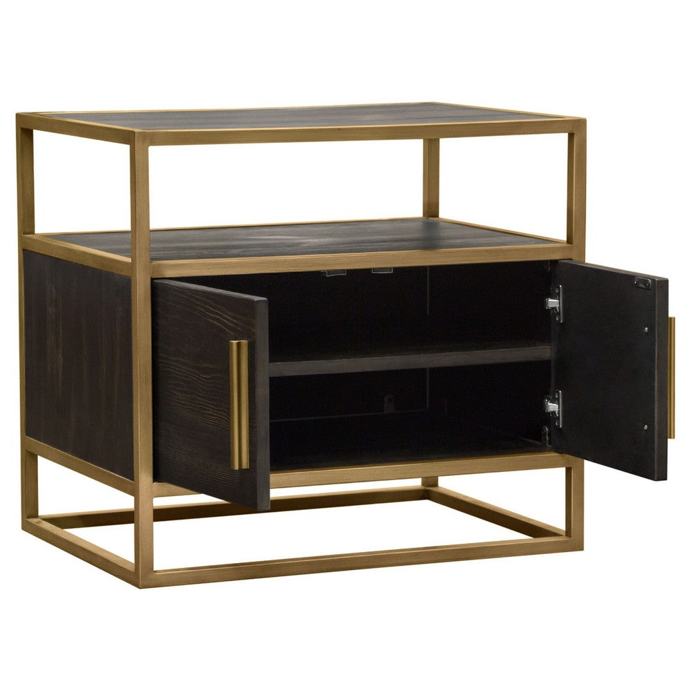 Chek 26 Inch Side Table Nightstand, 2 Doors, 1 Shelf,  Dark Brown, Gold Steel - BM338863
