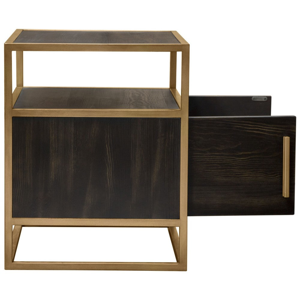 Chek 26 Inch Side Table Nightstand, 2 Doors, 1 Shelf,  Dark Brown, Gold Steel - BM338863