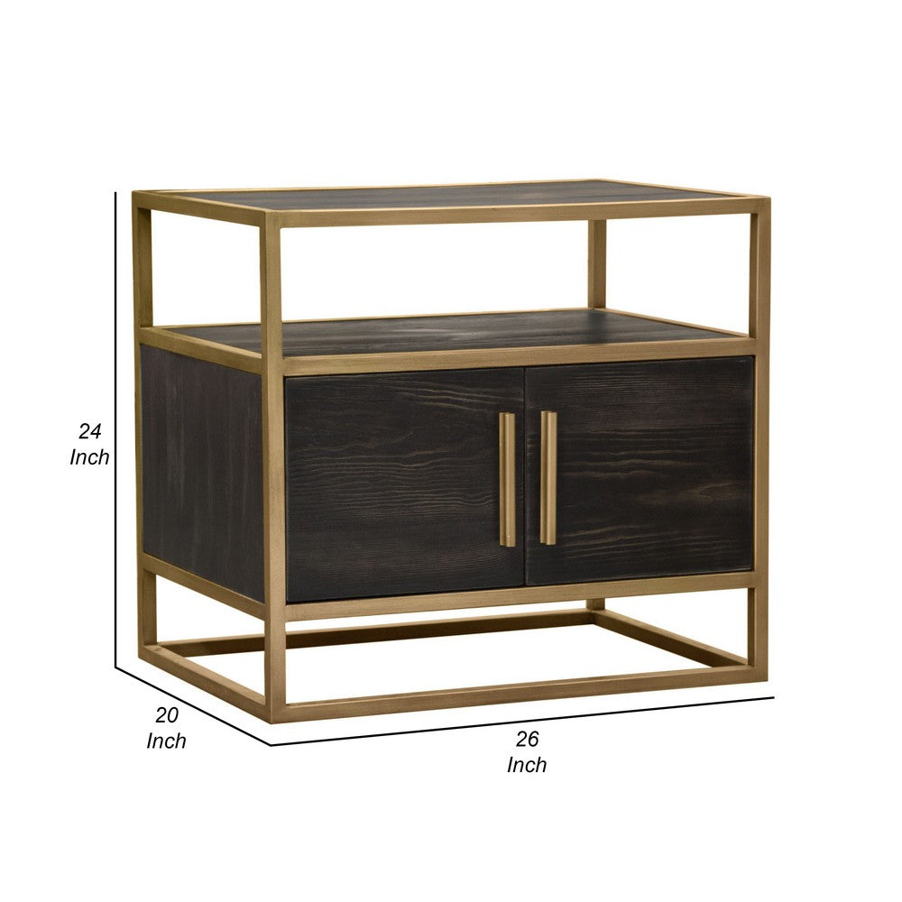 Chek 26 Inch Side Table Nightstand, 2 Doors, 1 Shelf,  Dark Brown, Gold Steel - BM338863