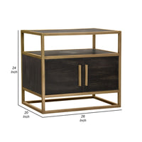 Chek 26 Inch Side Table Nightstand, 2 Doors, 1 Shelf,  Dark Brown, Gold Steel - BM338863
