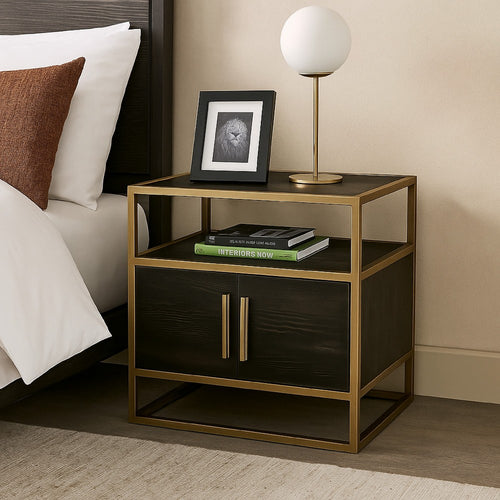 Chek 26 Inch Side Table Nightstand, 2 Doors, 1 Shelf,  Dark Brown, Gold Steel - BM338863