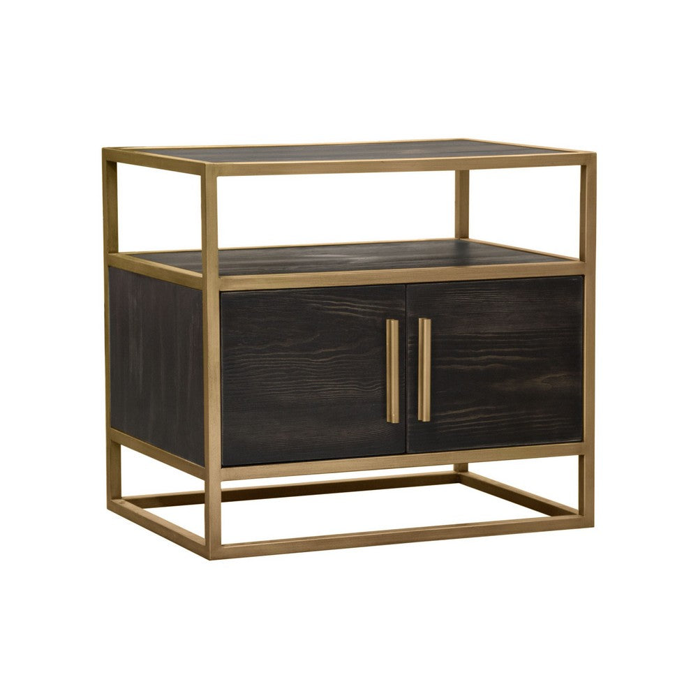 Chek 26 Inch Side Table Nightstand, 2 Doors, 1 Shelf,  Dark Brown, Gold Steel - BM338863