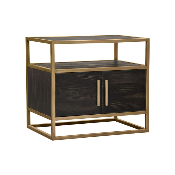 Chek 26 Inch Side Table Nightstand, 2 Doors, 1 Shelf,  Dark Brown, Gold Steel - BM338863