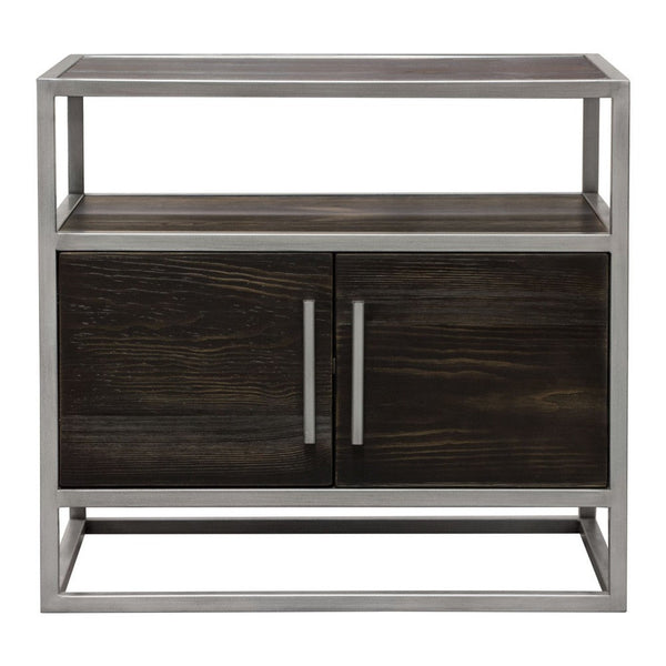 Chek 26 Inch Side Table Nightstand, 2 Doors, 1 Shelf,  Dark Brown, Silver Steel - BM338864