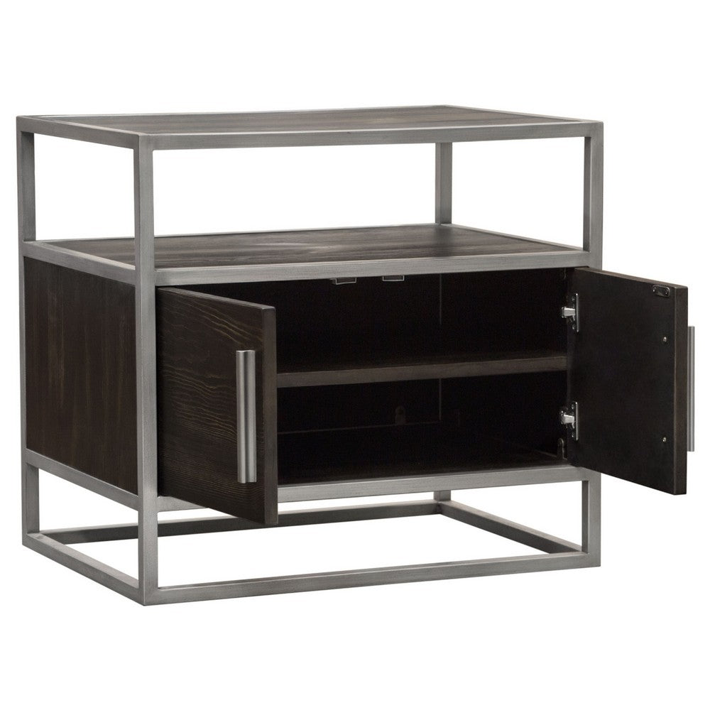 Chek 26 Inch Side Table Nightstand, 2 Doors, 1 Shelf,  Dark Brown, Silver Steel - BM338864