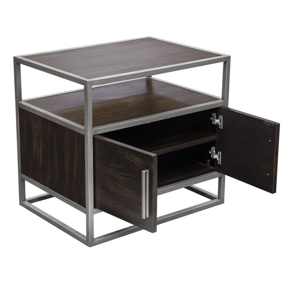 Chek 26 Inch Side Table Nightstand, 2 Doors, 1 Shelf,  Dark Brown, Silver Steel - BM338864