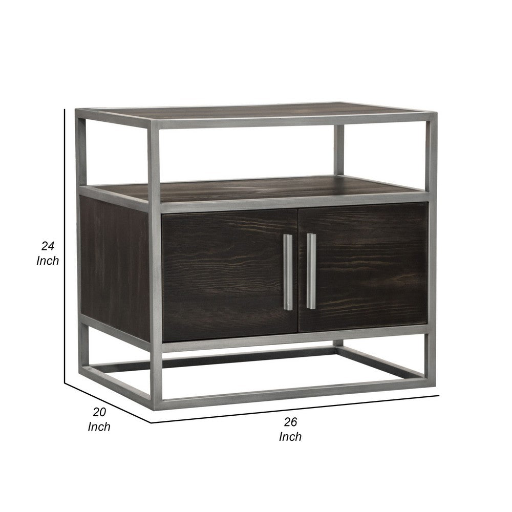 Chek 26 Inch Side Table Nightstand, 2 Doors, 1 Shelf,  Dark Brown, Silver Steel - BM338864
